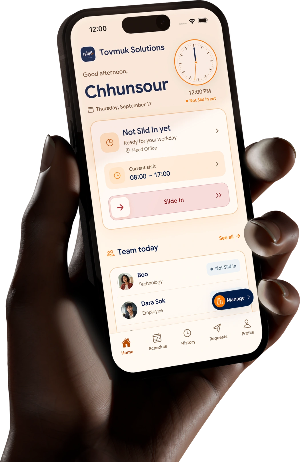 The SlidesClock app on a phone, showing a team member ready to Slide In for their 08:00 to 17:00 shift.